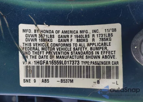 2009 Honda Civic Lx z USA, uszkodzony, nr VIN 1HGFA16559L017373